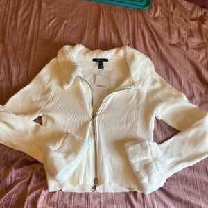 Forever 21 Cream Teddy Jacket with Faux Fur Trim